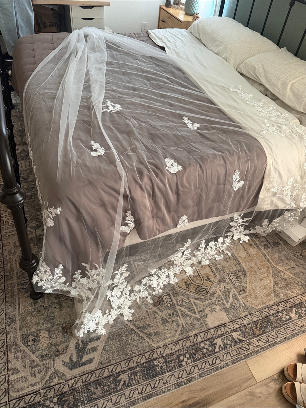 Azazie white lace chapel length veil